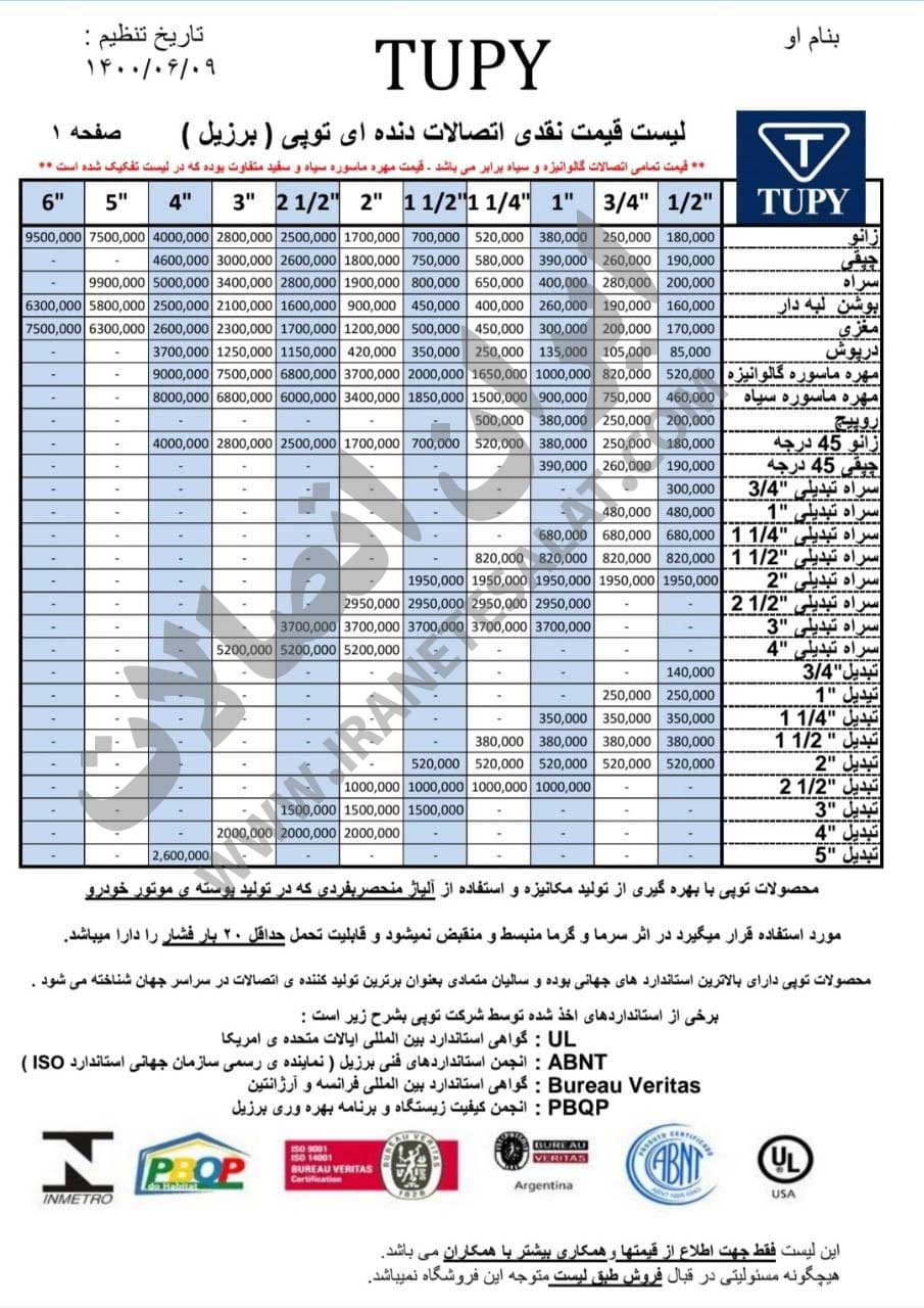 لیست قیمت اتصالات توپی 1400/06/09